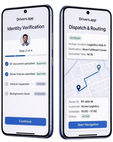 Two Drivers.app mobile screens displayed as the hero visual
