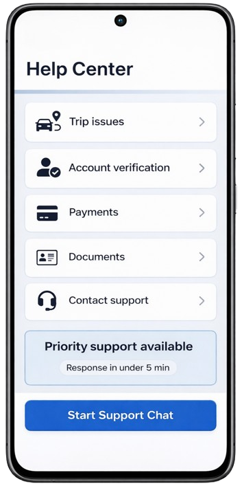 In-app support and help center screen